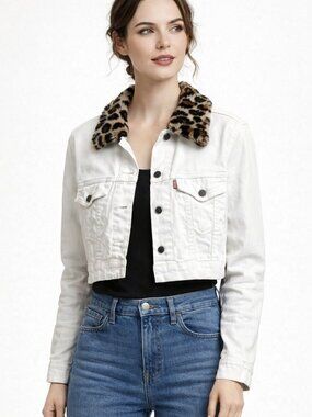 Levi's White Denim Cropped Trucker Jacket Small Leopard Faux Fur Collar Like New
